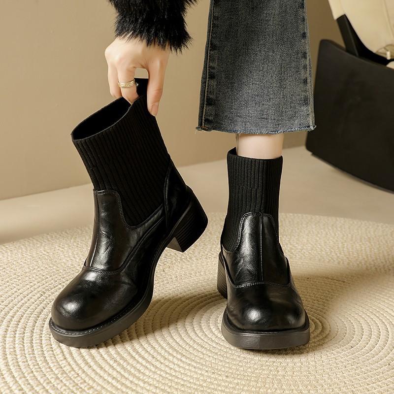 New thermal short boots women's British style autumn and winter thin boots thick-soled Martin boots women's elastic knitted boots