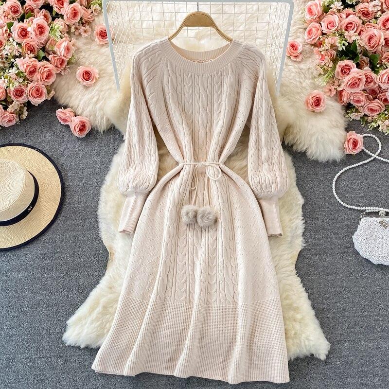 Fall Winter New Retro Knee-length Loose Sweater Dress for Women Twist O-neck Raglan Long Sleeve Hairball Lace-Up Solid Knit Dress