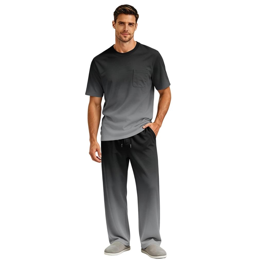 Men's Short Sleeve Pajama Set with Button Fly and Elastic Drawstring Waist