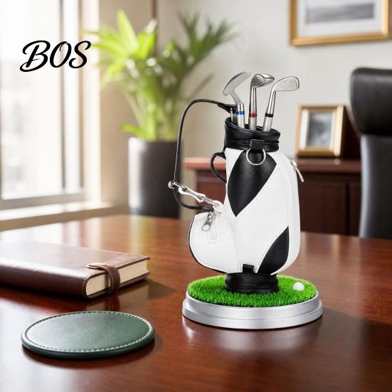 Men Office Decoration Golf Pen Holder Set, Mini Bag Desk Organizer with 3 Putter Club Pens, Novelty Decor for Men, Business Gift