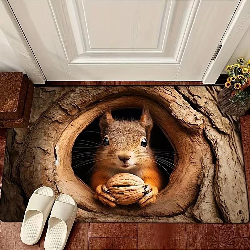 Cute Whimsical Tree‑Hole Squirrel Doormat Realistic Wildlife Animal Print Decorative Lovely Nature‑Style Indoor Entry Floor Mat