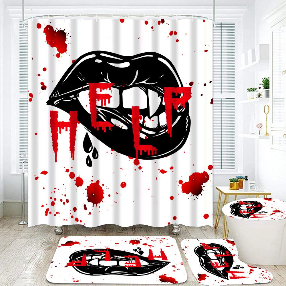 Black Skull Skeleton Printed Shower Curtain Set Horrible Halloween Festival Bathroom Decor Pedestal Rug Lid Carpet Toilet Cover