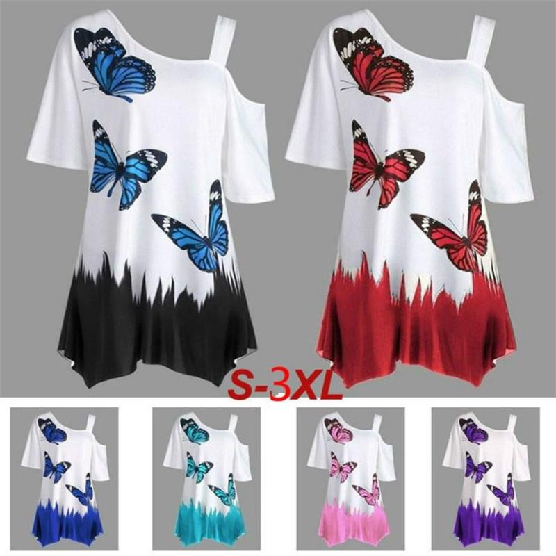 Women Fashion Butterfly Print One Shoulder Short Sleeve Tunic T-shirt Loose Blouse Tops Plus Size Fashion T-shirt