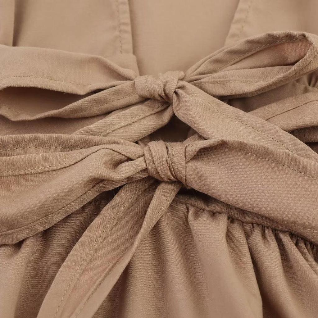 2025 Summer Women's European & American Retro Puff Sleeve V-Neck Dress with Bow Decoration