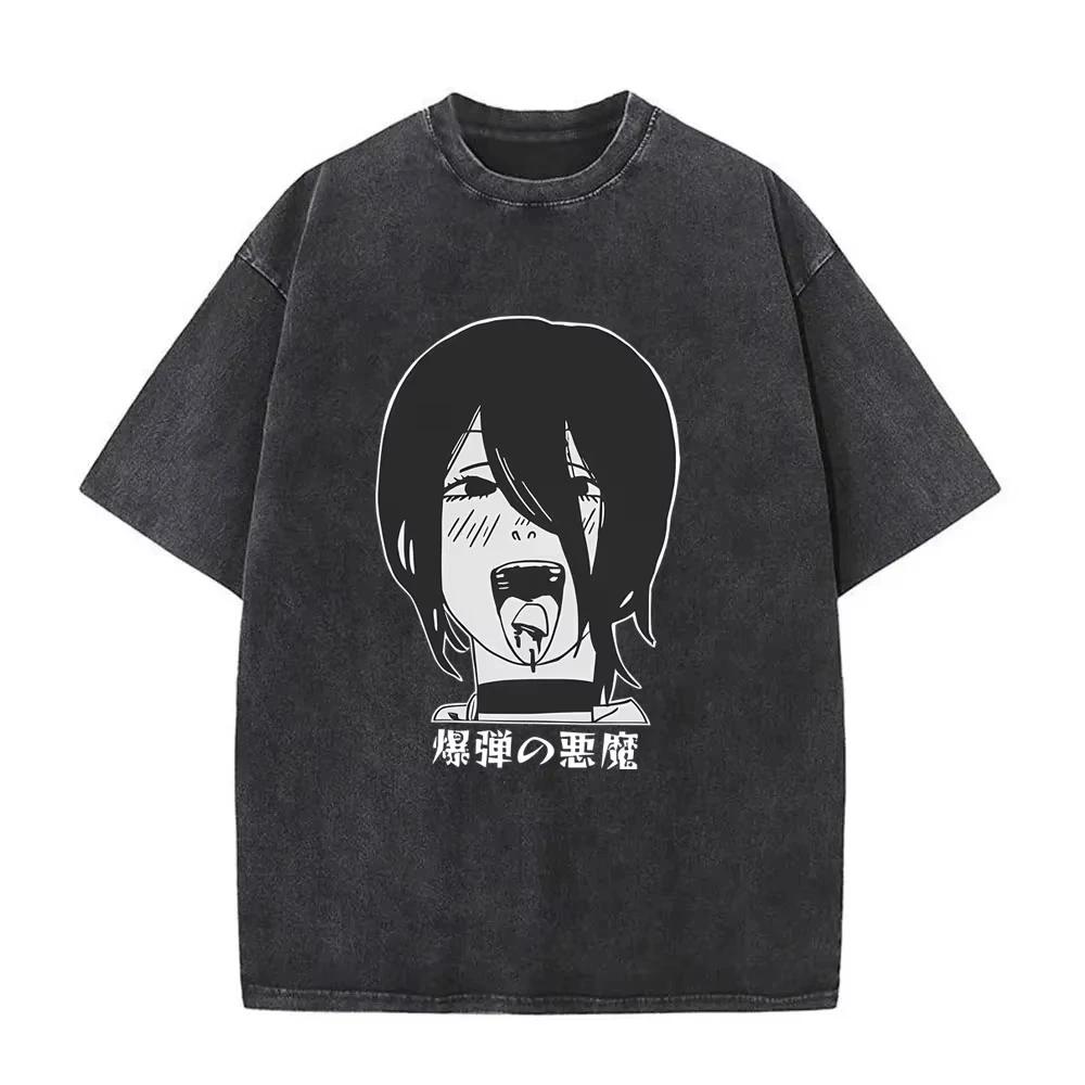 Washed Vintage Anime Chainsaw Man Reze Graphic T-shirt Men Women Manga Casual Streetwear Men's Retro Cotton T Shirts