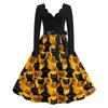 Women's V-Neck Long Sleeve Retro Dress with Halloween Print for Casual Daily Wear