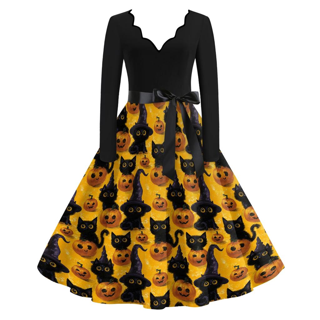 Women's V-Neck Long Sleeve Retro Dress with Halloween Print for Casual Daily Wear