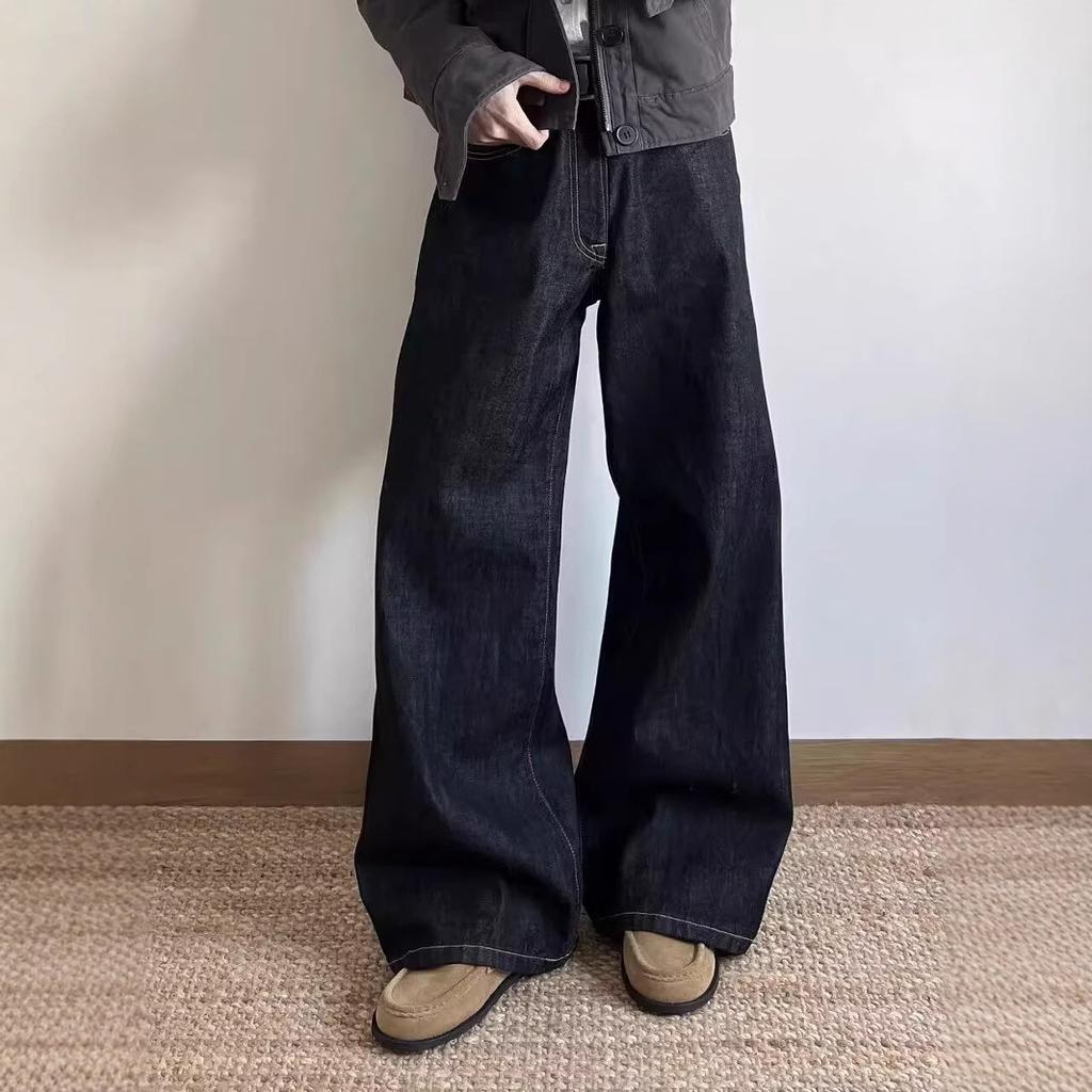 American-style washed original cow loose straight A-word retro jeans men's and women's trendy brand free mopping trousers casual trousers