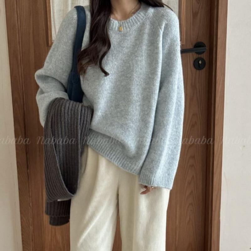 Navava Daily Solid Round Neck Long Sleeve Knit Sweater Nk2508