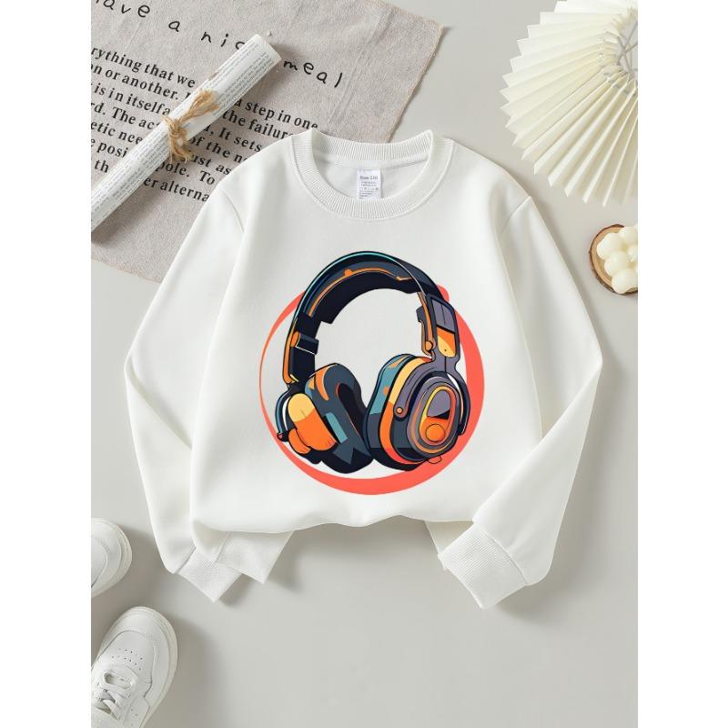 European Sizes Colorful Headphones Music Tech Style Girls' Crew Neck Sweatshirt, Western Top, Long Sleeved, Casual for Little Girls.