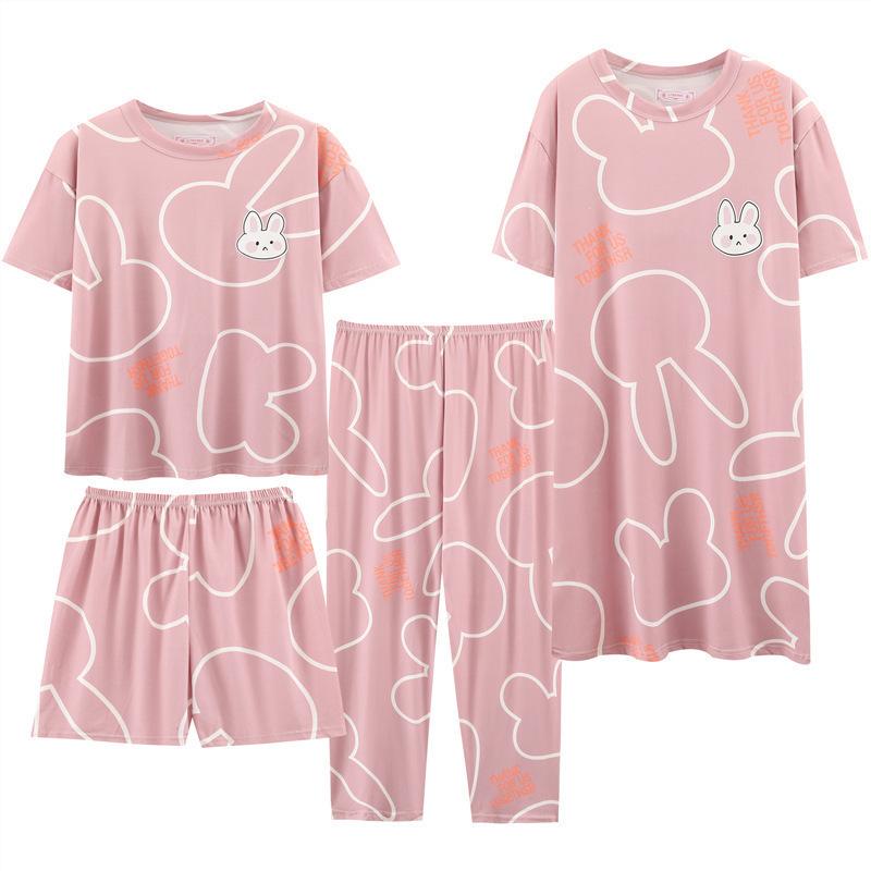 Pajamas women's summer round neck short-sleeved nightgown summer loose cropped pants loungewear set