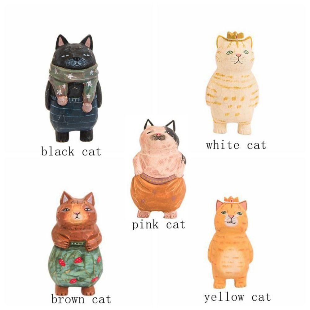 Cute Wood Carving Cat Ornament Simple Style Solid Wood Painted Cartoon Cat Sculpture Small Handmade