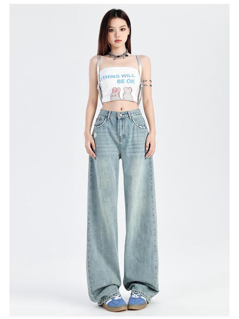 Women's High-Waisted Wide-Leg Light Ripped Jeans - Spring Collection