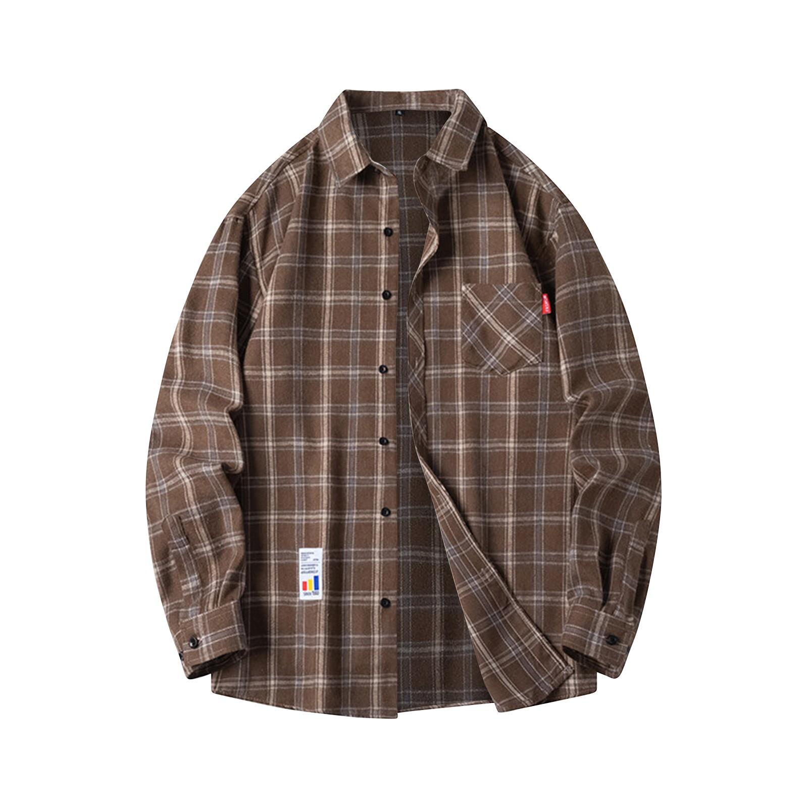 

Мужская весенняя клетчатая модная свободная рубашка с заниженной линией плеч и воротником-стойкой, длинный рукав M кофейный