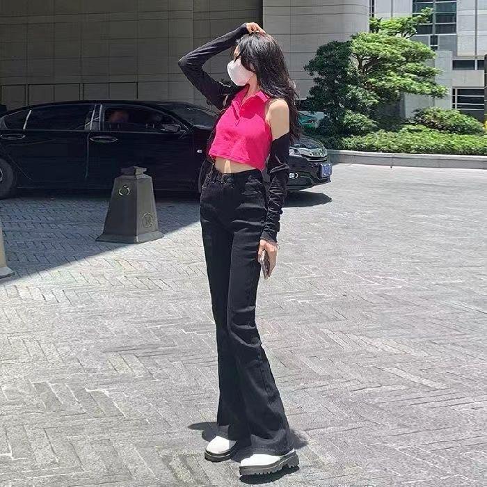 Women's Black High-Waisted Stretch Denim Micro-Flare Pants - Slimming & Trendy for 2025 Autumn/Winter