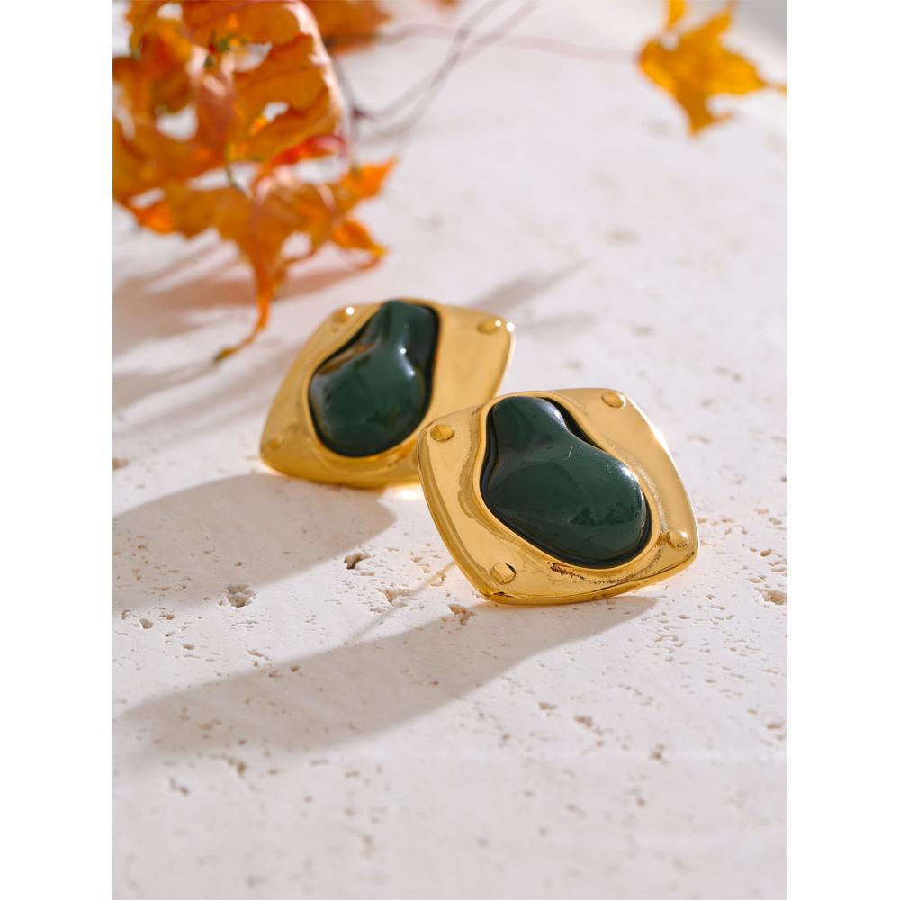 Yhpup Fashion Stainless Steel Cast Stud Earrings for Women Statement Jewelry Inlaid Green Resin Stone 18k Gold PVD Plated Gift