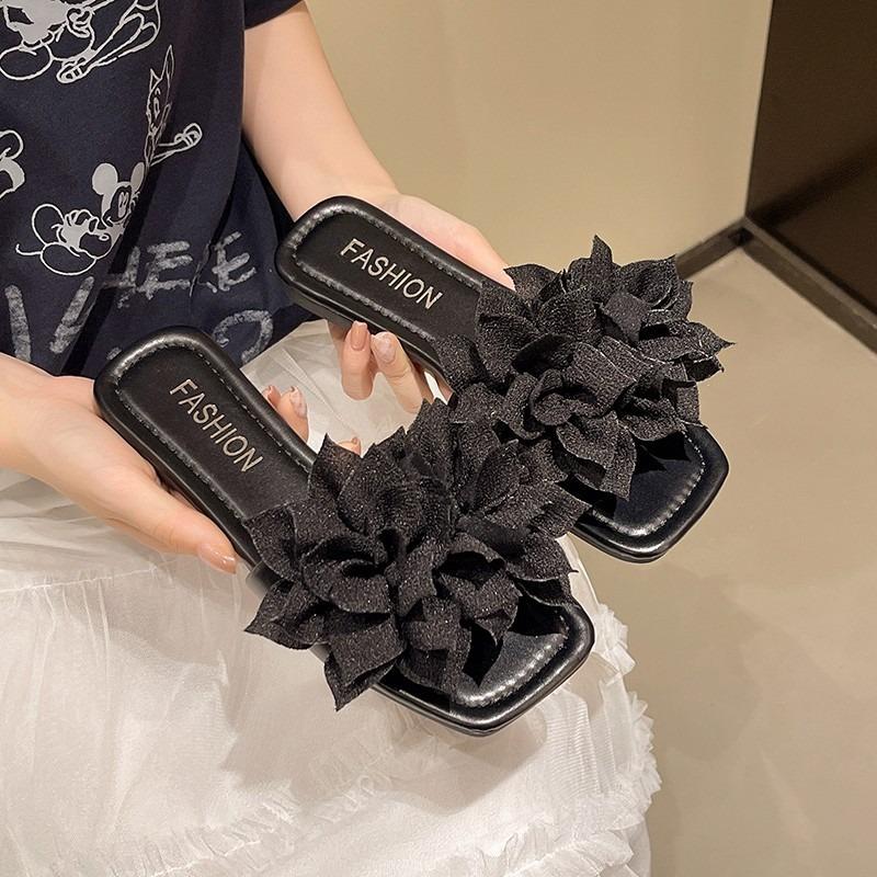 Casual Flat-bottomed Square-head Slippers Female Flower Lazy Person One Pedal Open-toe One-word Drag Beach Casual Women's Sandals