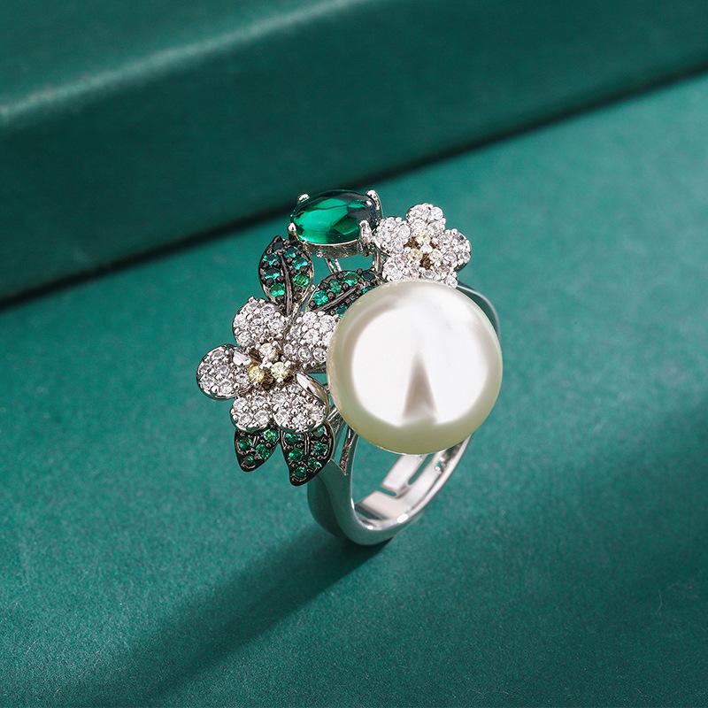 

Jewelry Ring Pearl European and American Fashion Diamond White Bead Flower Opening Zircon Women s