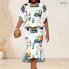 Women Plus Size Red Printed Two Piece Set Round Neck Batwing Sleeve Ruffle Hem Top Fishtail Skirt