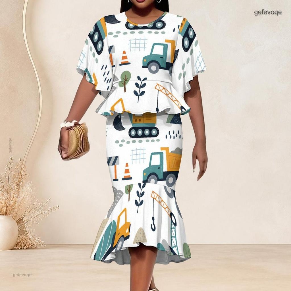 Women Plus Size Red Printed Two Piece Set Round Neck Batwing Sleeve Ruffle Hem Top Fishtail Skirt