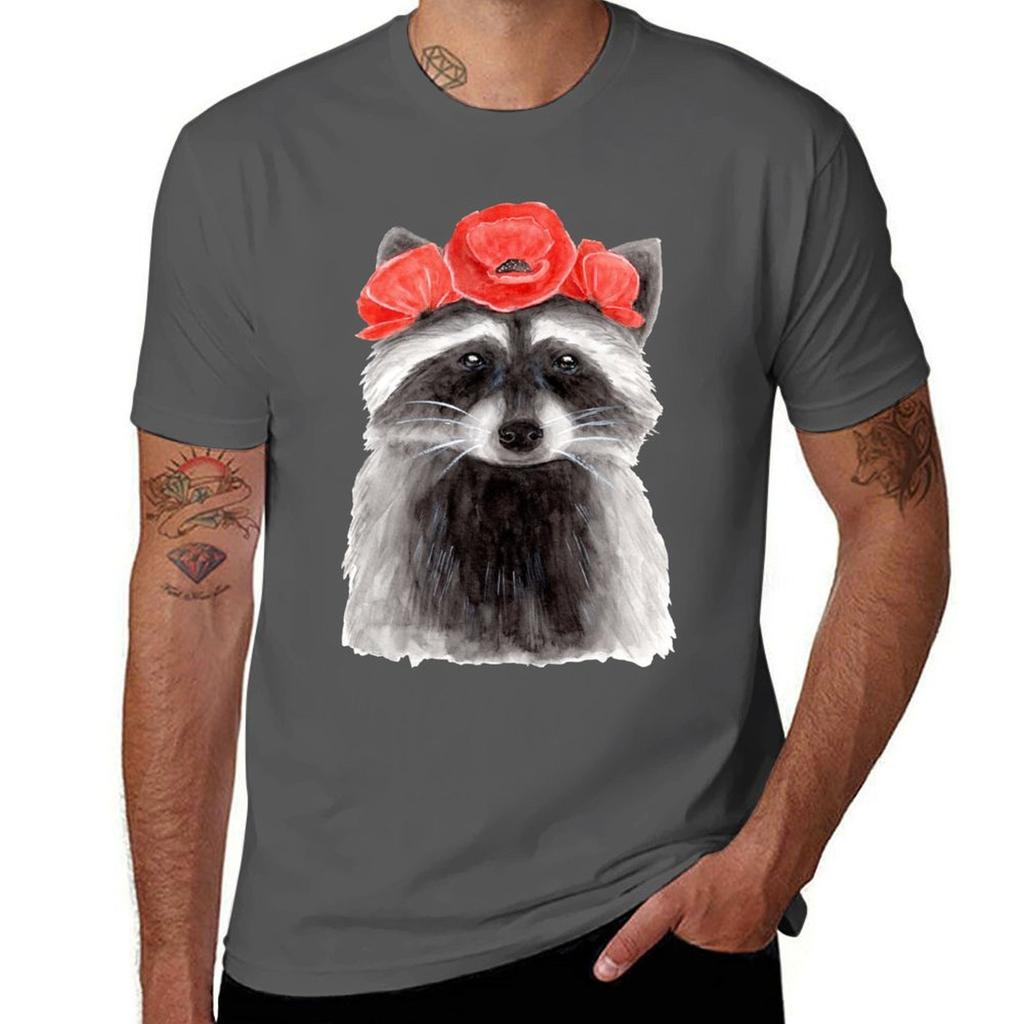 Raccoon with Flowercrown - Watercolour Painting T-Shirt Big Size Simple T-Shirt