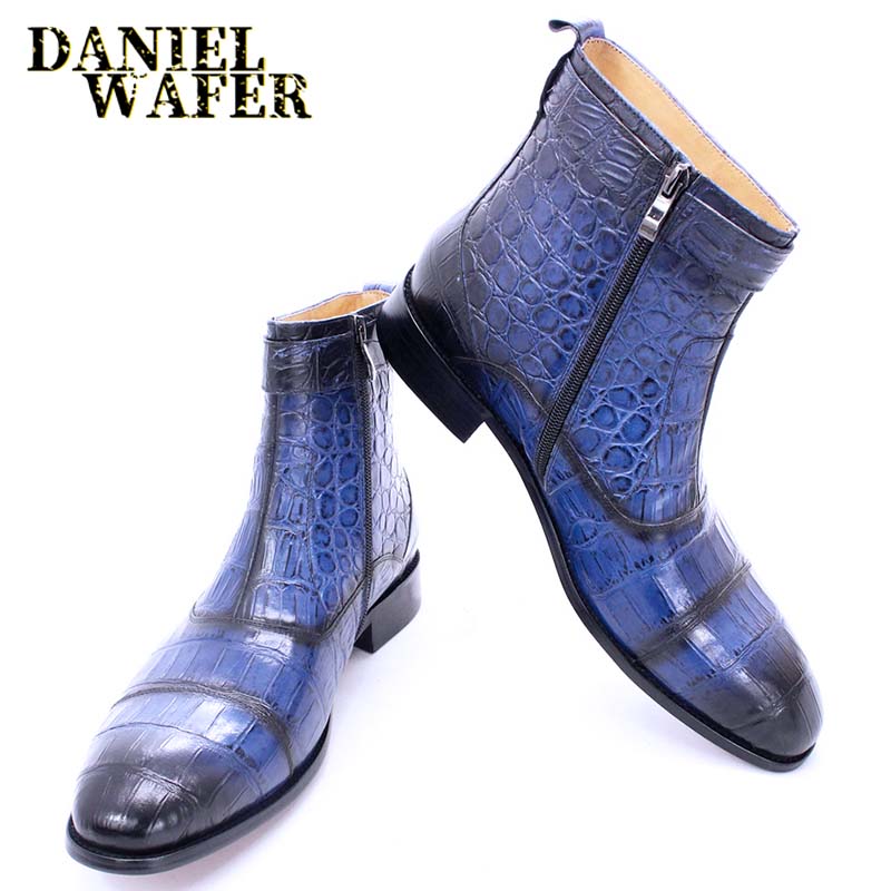 Fashion Luxury Ankle Boots Mens Dress Shoes Black Brown Blue Crocodile Print Genuine Leather Zip Buckle Wedding Office Chelsea Boots Men