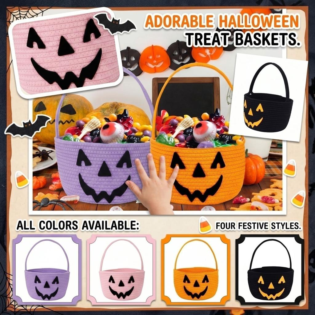 Halloween Storage Basket Handheld Candy Bag with Pumpkin Face Print for Snacks Treats and Decorative Use for Parties Events