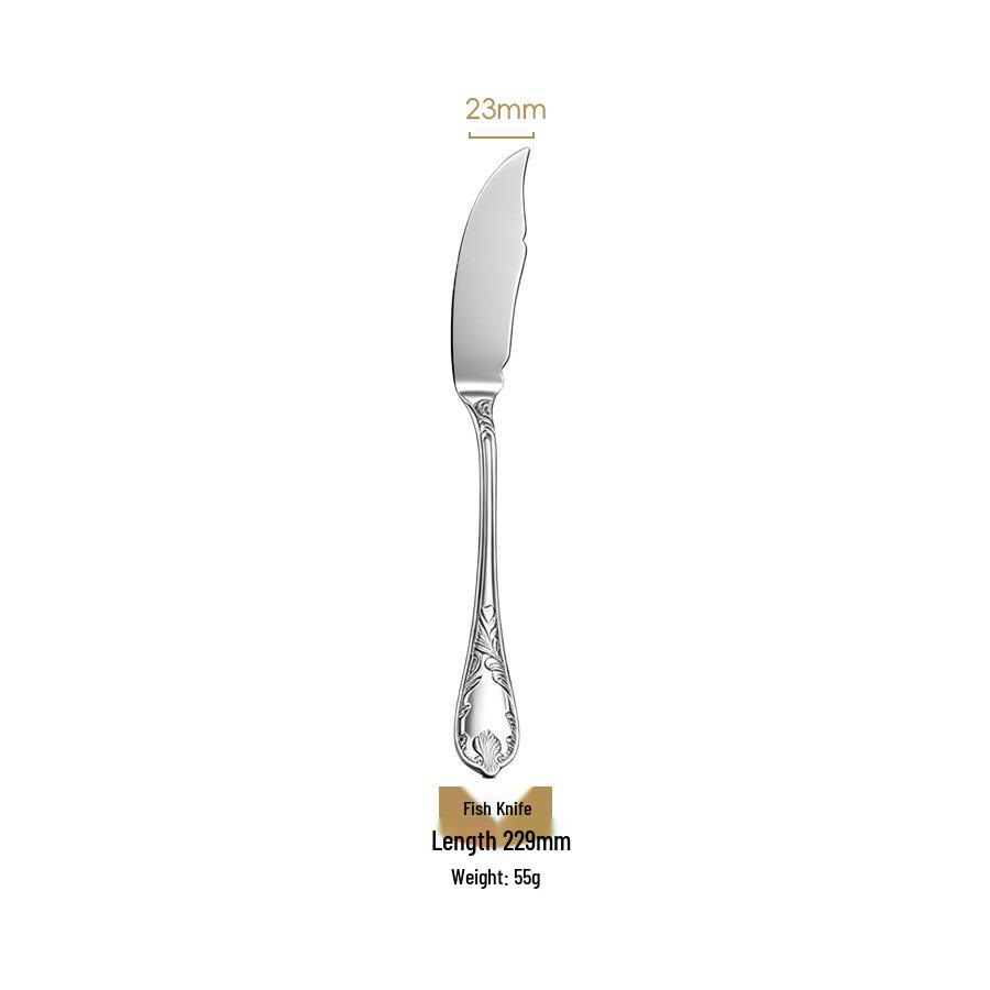 304 Stainless Steel Cutlery Set: French Mirror Finish with Noble Vine Embossed Design - Includes Steak Knife, Fork, Spoon, and Luxury Soup Spoon.