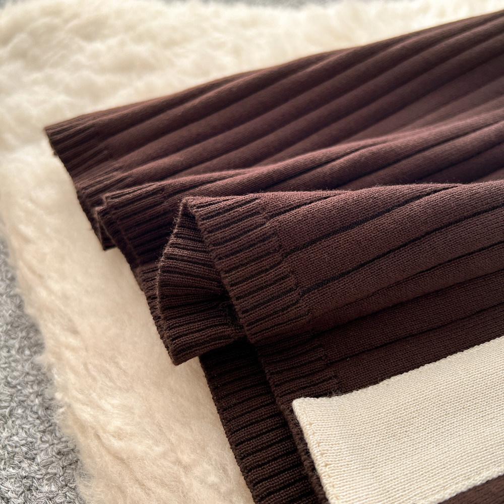 Elegant Slimming Spliced Single-breasted Knit Dresses for Women Lapel Short Sleeves Patchwork Sweater Dress Female