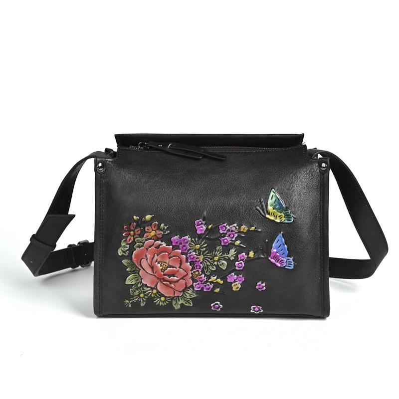 

Johnature Women s Shoulder Bags Handmade Embossed Genuine Leather Bag Retro Floral Crossbody Bags чёрный