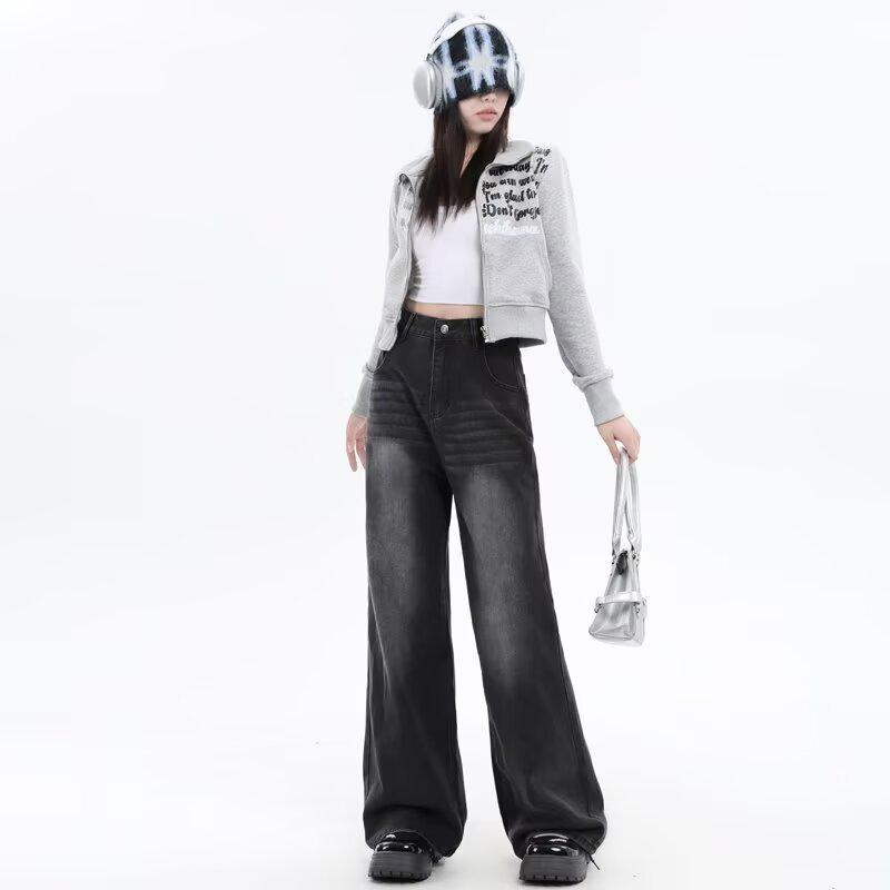 

2024 A/W Women s High-Waisted Elastic Blue-Gray Jeans: Narrow-Wide Leg, Loose Straight Fit 4XL