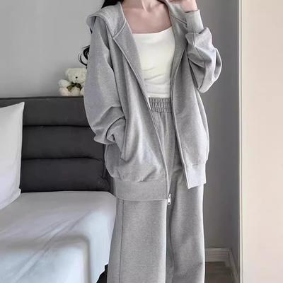 Women's Loose Tracksuit Long Sleeve Zip Up Hoodie Top Elastic Waist Wide Leg Pants Solid Color Lazy Style Two Piece Leisure Suit