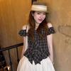 Pure and Alluring Plaid Off-shoulder Short-sleeve T-shirt for Women, Summer Design Short Versatile Fit Top