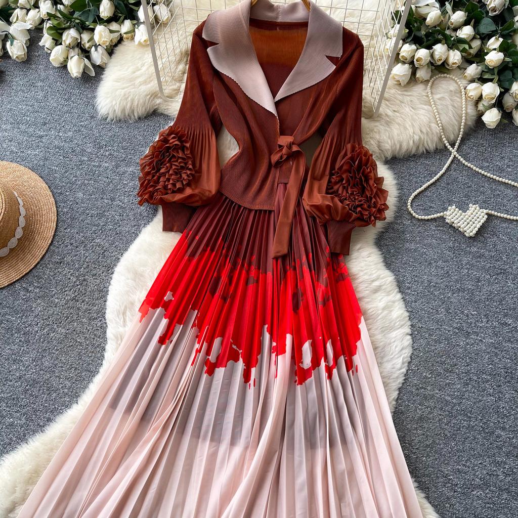 Commuter suit collar flower splicing dress women slim and thin pleated long dress high-end pleated knee skirt