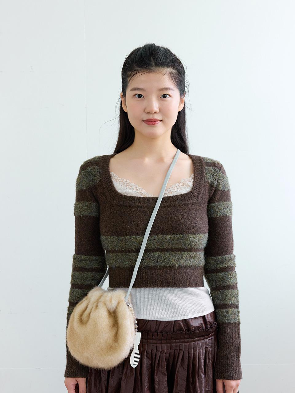 Colosins Squareneck Crop Knit Brown • Green Stripe Green