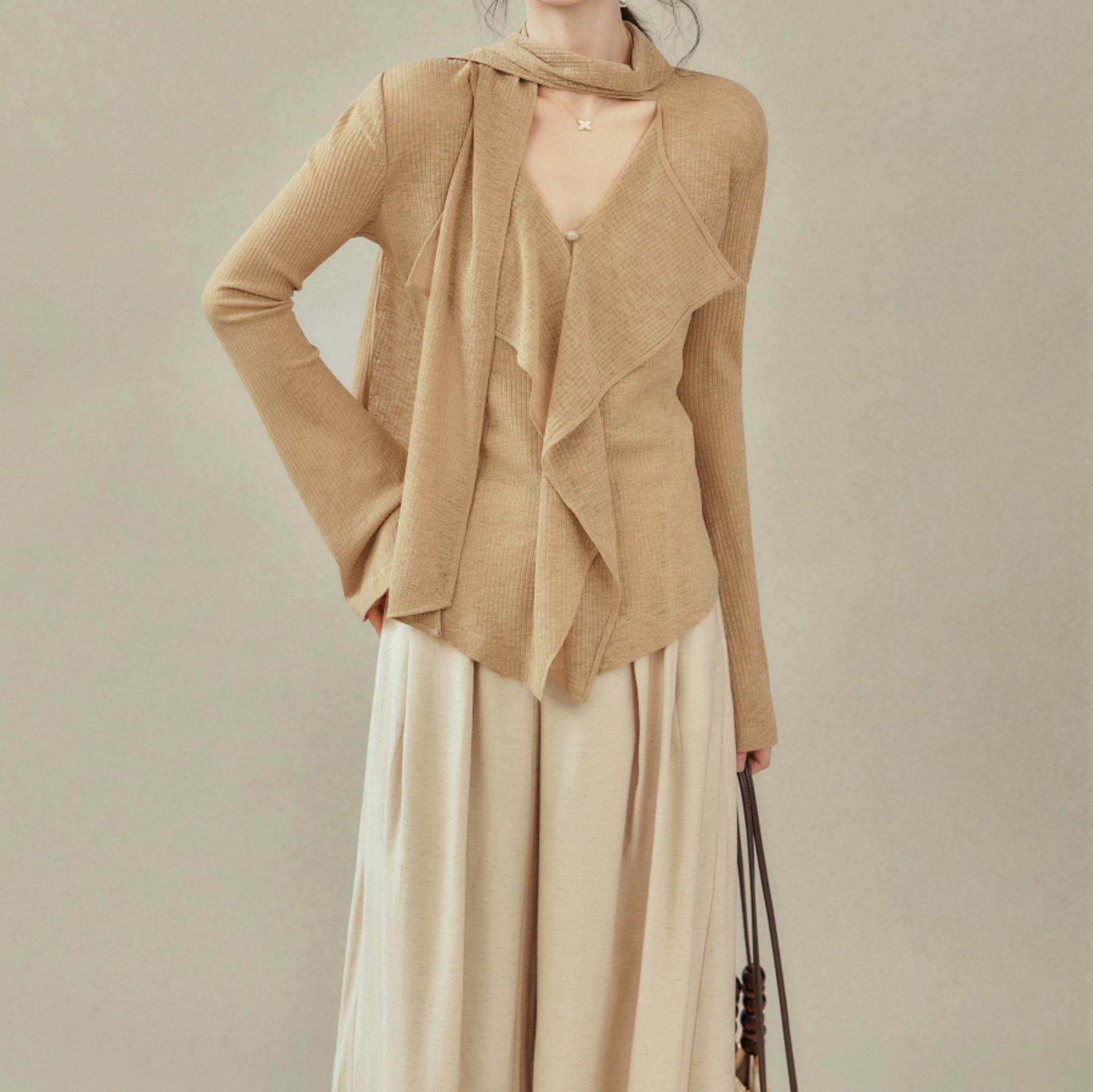 

Autumn 2025 Women s Ribbon V-Neck Long-Sleeve T-Shirt Medium хаки