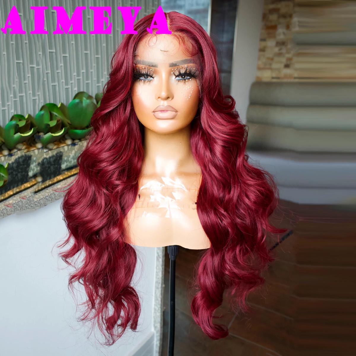 AIMEYA Wine Red Lace Front Wig Synthetic Long Body Wave Burgundy Wig Natural Hairline Daily Use Cosplay Wigs Heat Resistant (Red,26inches&Lace Front) красный