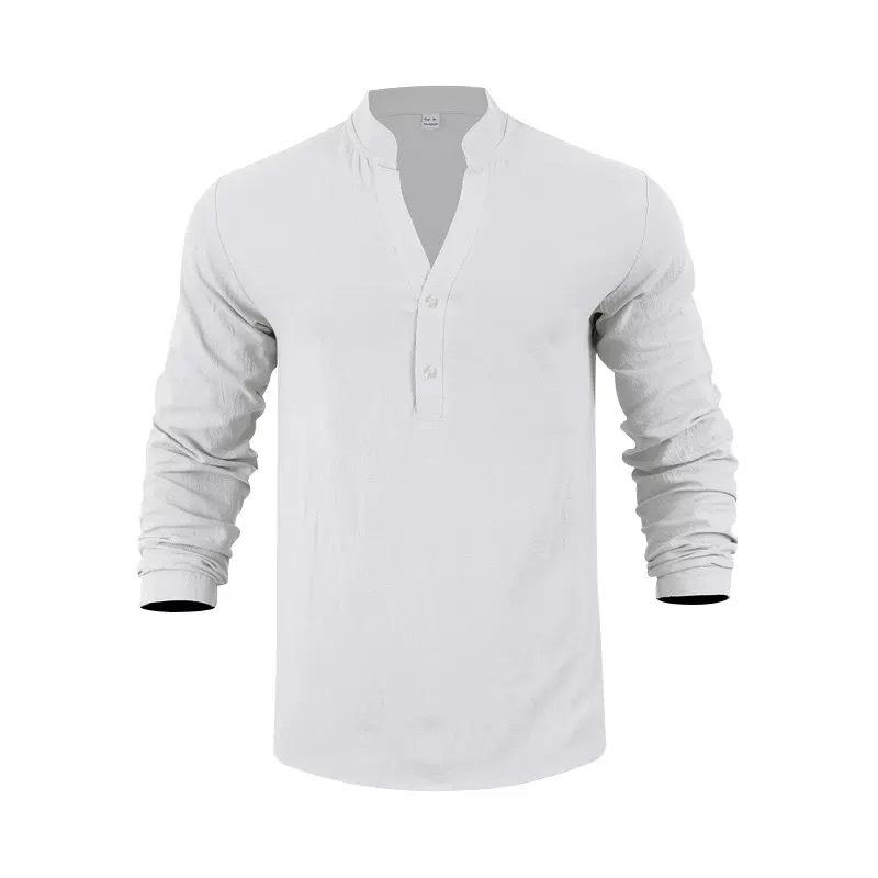 Men Henry Collar Linen Blend Long Sleeve Casual Shirt S белый