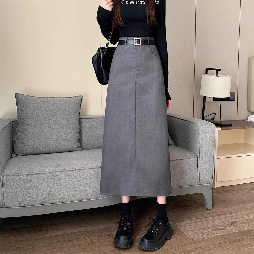 Plus Size Preppy Grey Pencil Skirt for Women Hip Covering Slimming High Waisted A Line Casual All Match Versatile Midi Straight Skirt