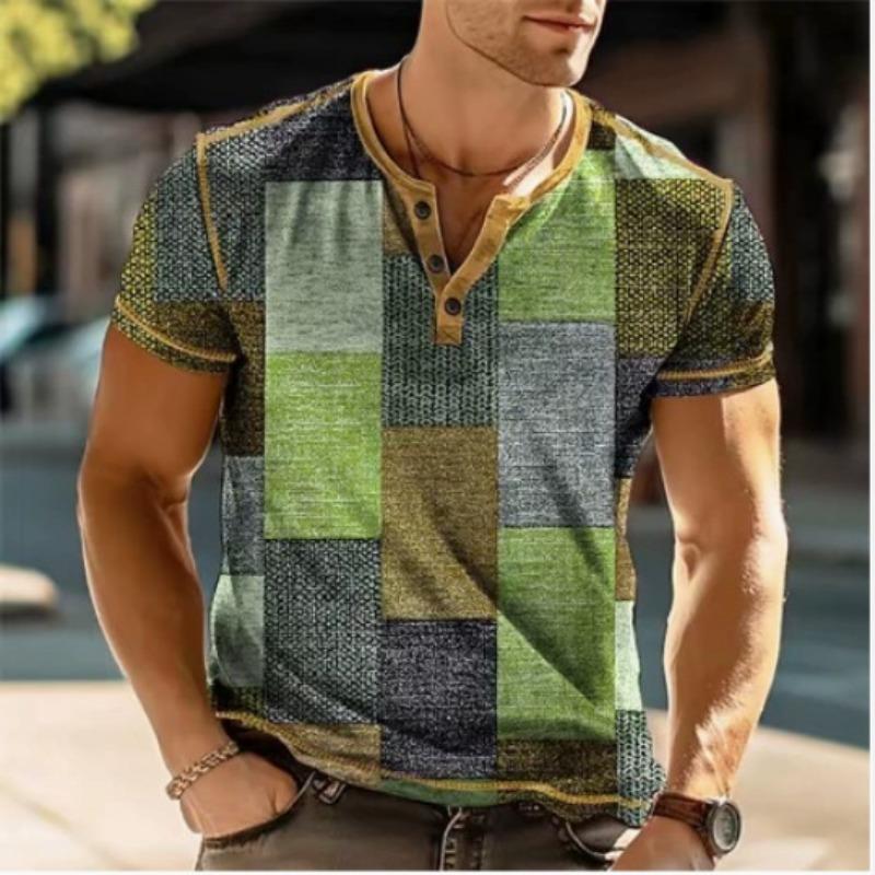 European and American semi-cardigan, casual short-sleeved digital printing slim-fit pullover Henry T-shirt top men's clothing