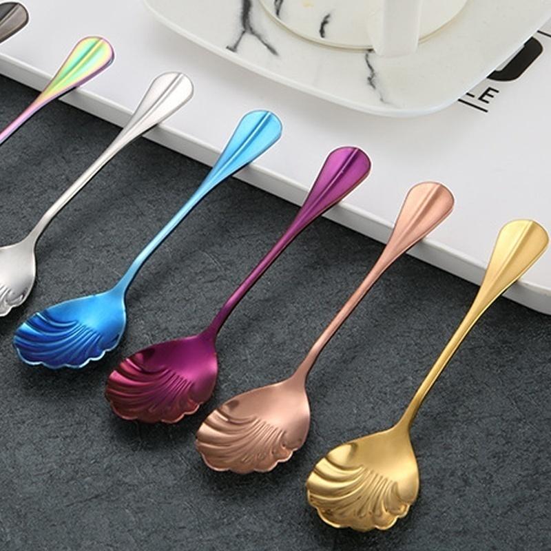 Shell Shape Stainless Steel Spoon with Long Handle Restaurant Dessert Spoon Ice Cream Scoops Kitchen Accessories  Tiny Spoon