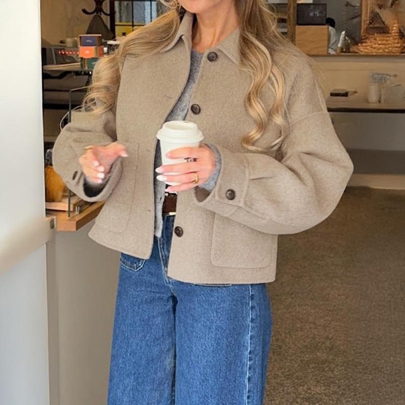 

Women s Casual Button Down Shacket Jacket Cropped Wool Blend Coat With Puff Sleeves S верблюд