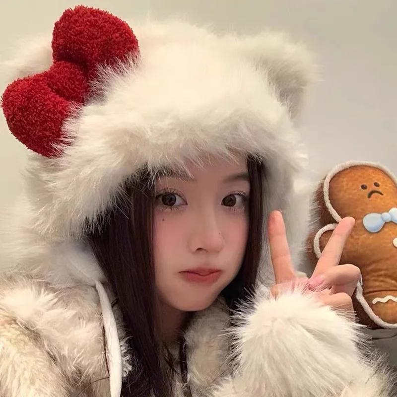 Winter White Plush Caps Red Bow Cute Cat Ear Women Warm Protection Ear WindProof Hat Soft Fashion Accessories Girls Fluffy Hats