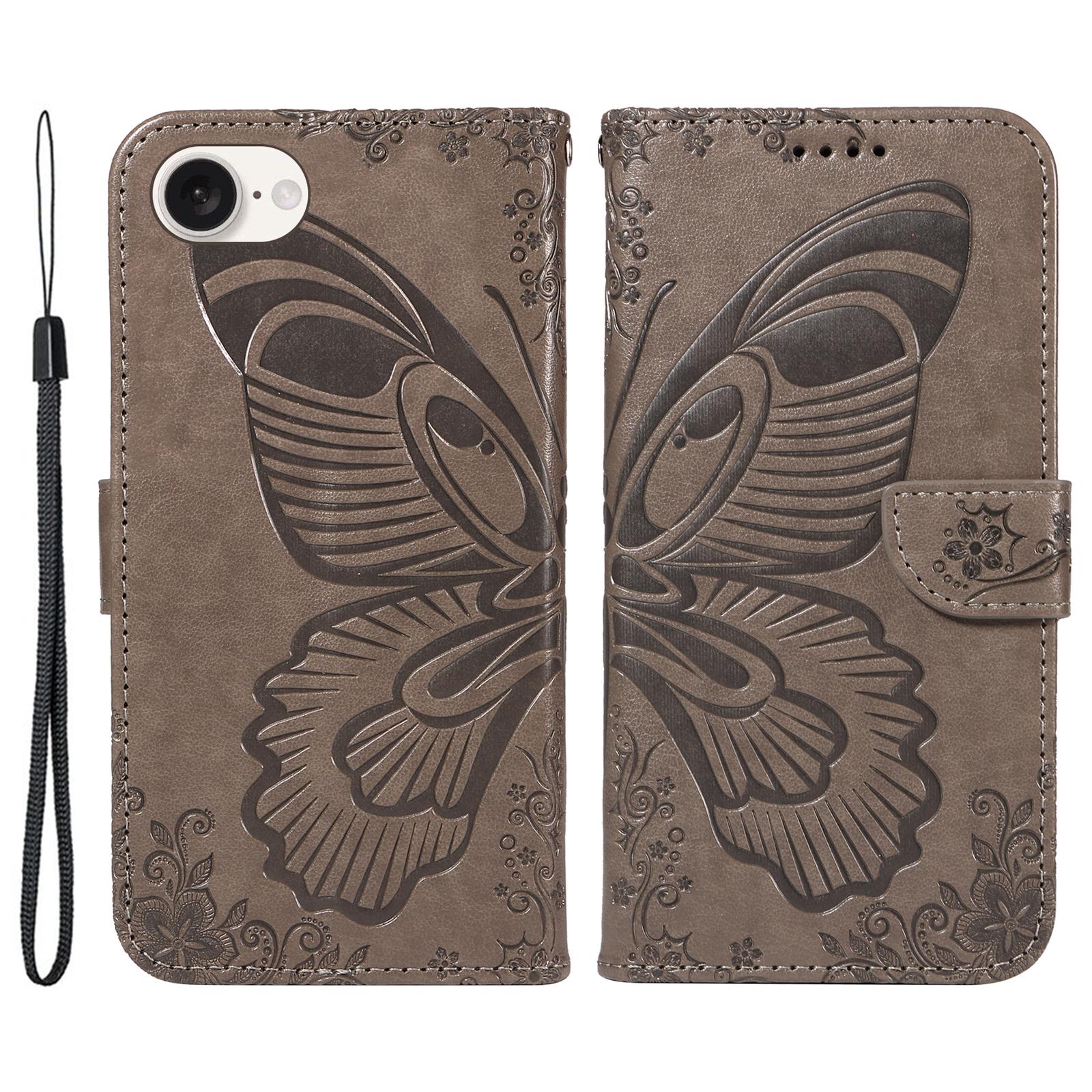

For iPhone 16e Case with Hand Strap Butterfly PU Leather Wallet Phone Cover Grey