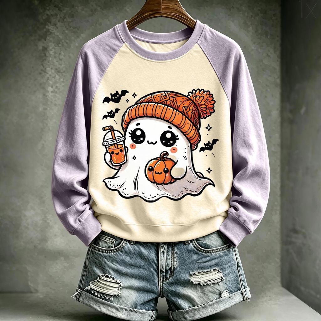Women's Halloween Printed Neck Pullover Sweatshirt with Cute Design for Holiday
