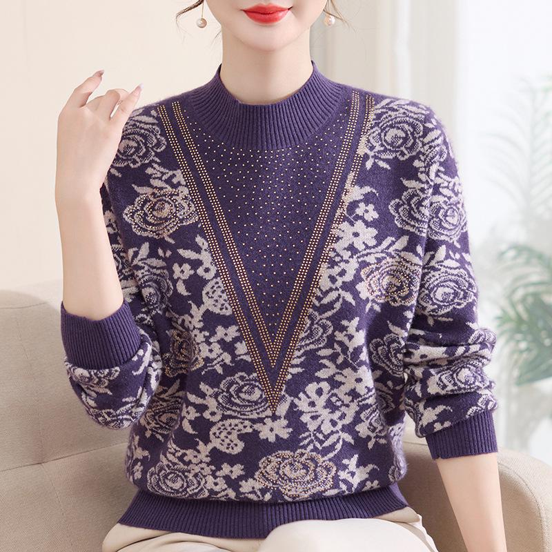 

Chic Autumn/Winter Velvet-Lined Half-High Collar Warm Sweater for Stylish Middle-Aged & Elderly Women XL (90-105 jin)