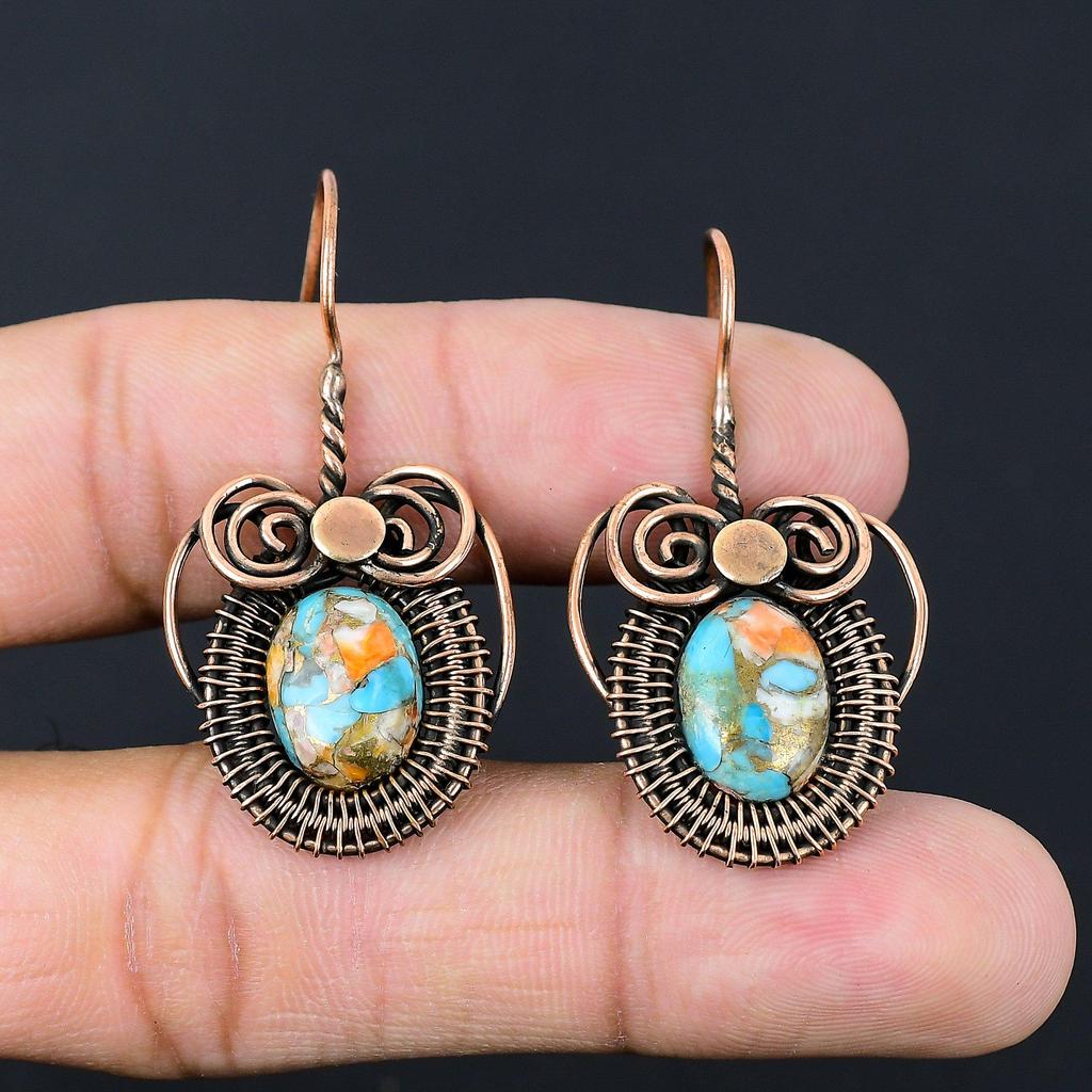 Copper Spiny Oyster Turquoise Gemstone Jewelry Pure Copper Wire Wrapped Handmade Earrings