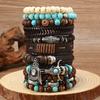 Leather Bracelets for Men Women Handmade Wrap Woven Cuff Bracelets Wooden Beaded Bracelets Vintage Ethnic Tribal Wristbands Bracelet Set Adjustable