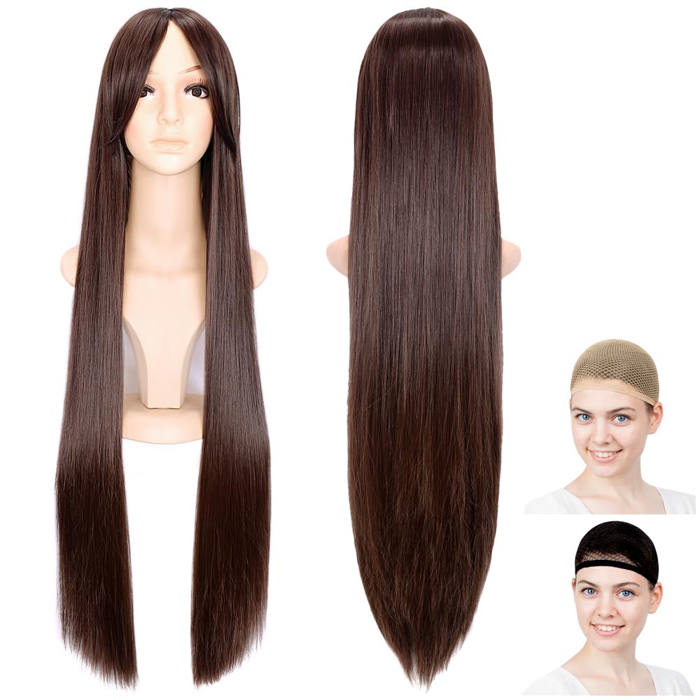 CaseEden Super Long Straight Wig with Wig Net (Set of 2), Costume Accessory, Deep Brown, 100cm