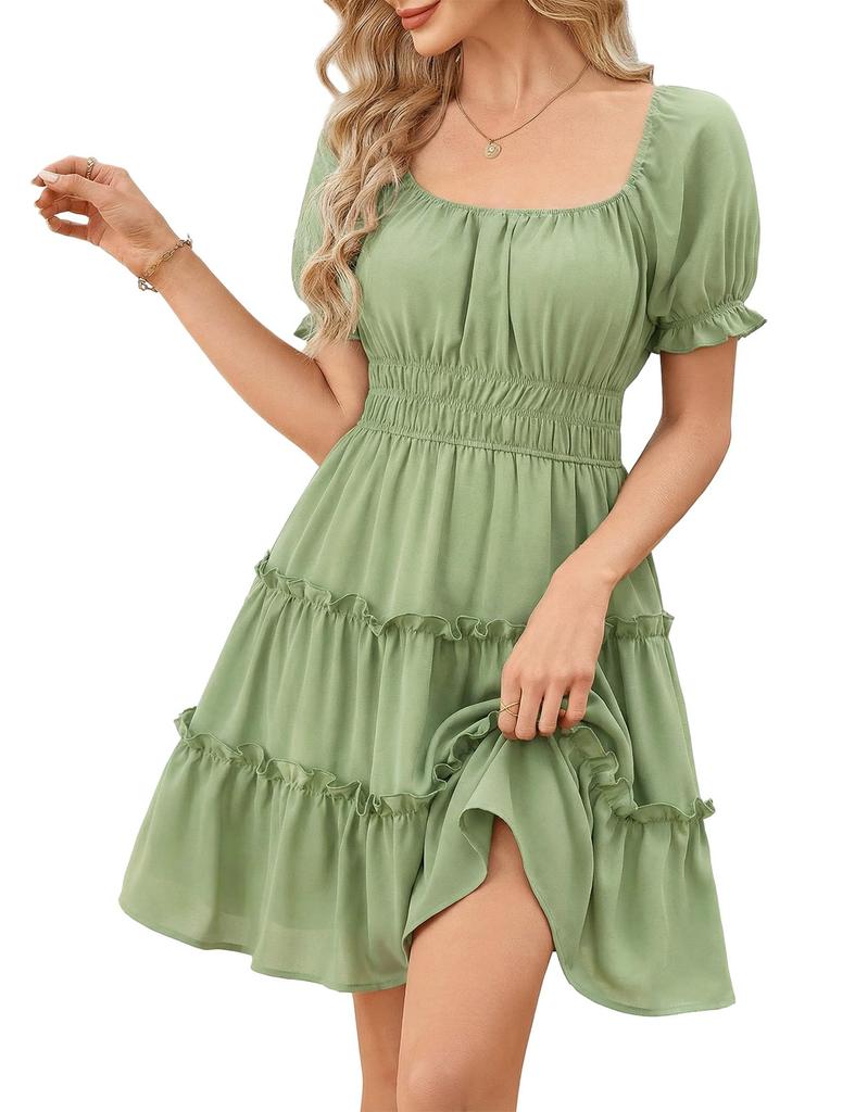 Europe and the United States new high-waisted popular women's clothing square neck bubble sleeve ruffle pleated dress